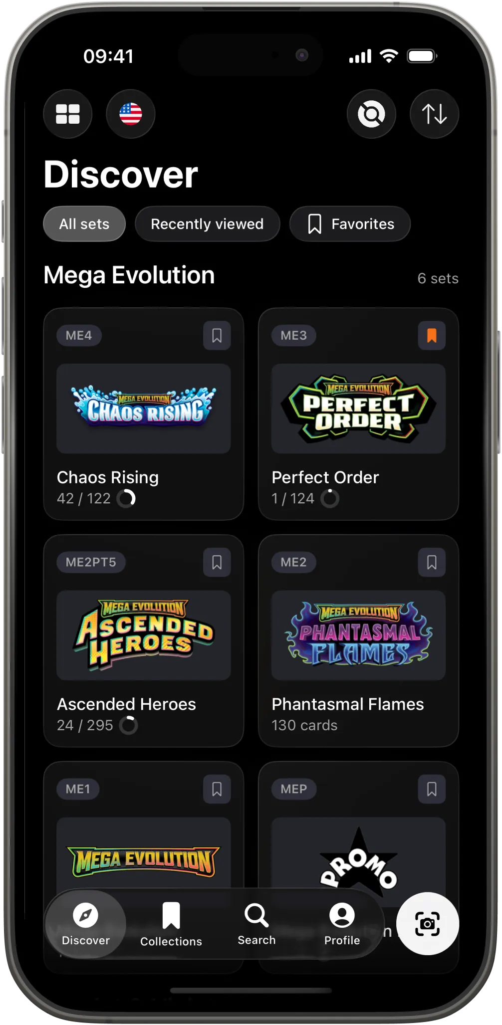 Browsing Pokémon sets with completion progress