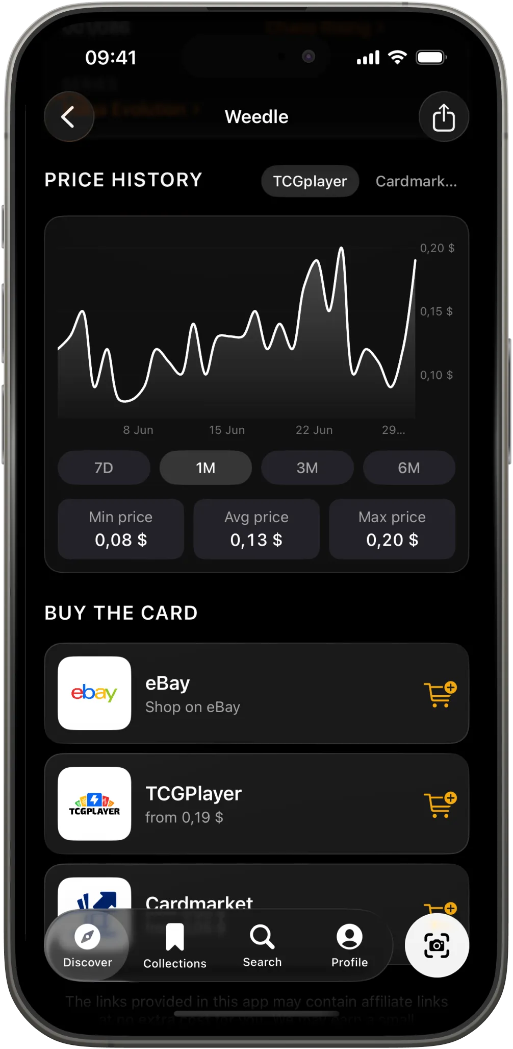 A card price-history chart with buy links