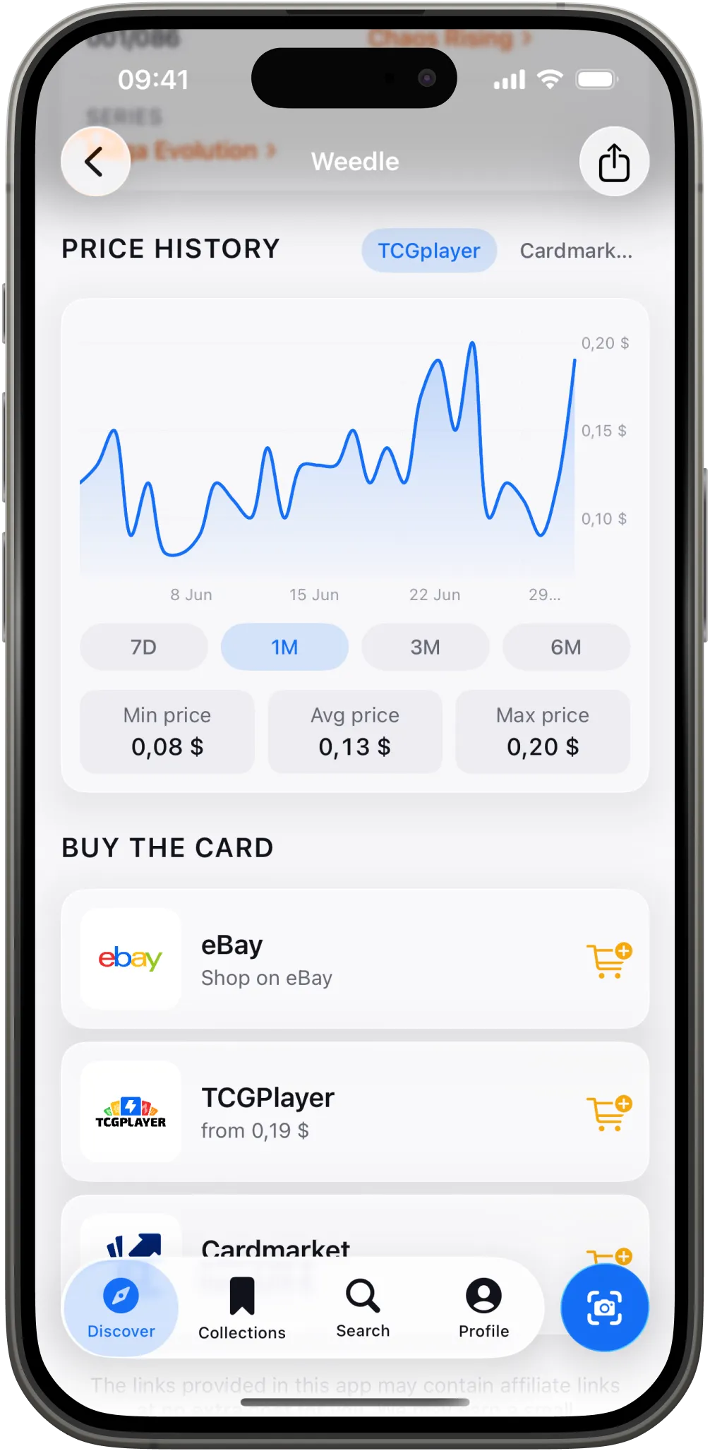 A card price-history chart with buy links